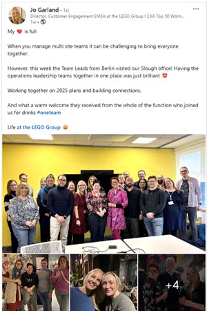 Lego linkedin post showing people connecting in face to face meeting