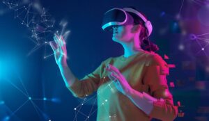 Person in VR goggles having immersive experience