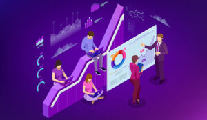 Agent data concept with illustration of graphs and employees looking at stats