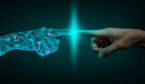AI-Powered Humans concept with digital and human hand touching
