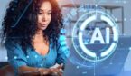 Women on a laptop with a digital interface of AI