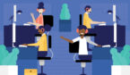 A colourful vector illustration of a modern call centre office with agents at their desks