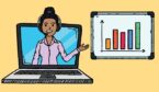 Smiling businesswoman on laptop pointing at analytics chart.