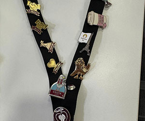 Image from Costa site visit showing badge pins on a lanyard