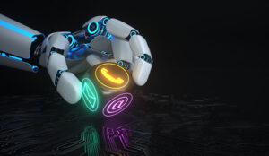 Intelligent automated contact centre concept with robot hand holding cube with contact icons