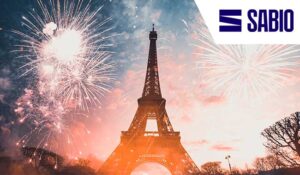 The Eiffel Tower with fireworks around it