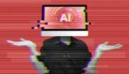 person with a computer screen on their head that says AI on it