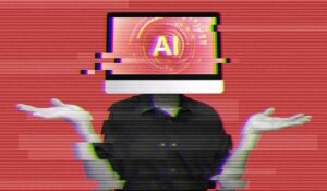person with a computer screen on their head that says AI on it