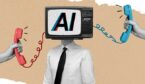 Person with tv head, AI text on screen