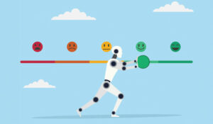 Vector illustration of a robot pushing a feedback bar from negative to positive