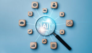 The word AI in the middle of a magnifying glass with different wooden blocks and icons on them around it