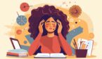 vector of a women sat at her work desk looking stressed