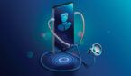 Doctor through the phone screen using stethoscope checks health