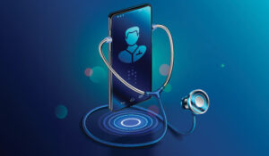 Doctor through the phone screen using stethoscope checks health