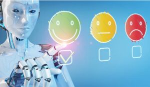 Robot pointing to happy face