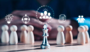 Leadership concept with chess pieces and icons