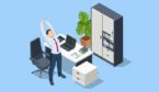 An office environment with a office employee stretching