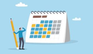 Person looking up at a large calendar vector