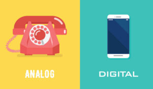 Abalog phone on one side with a digital phone on the other