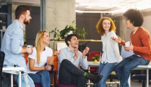 Office employees laughing