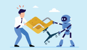 Human and robot fighting over a chair