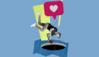 Social media pitfall concept with person on laptop falling into a hole