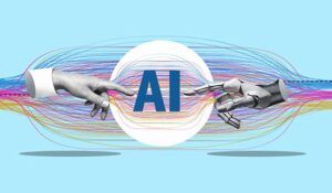 White cyborg robotic hand pointing his finger to human hand with stretched finger - ai