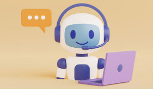 Cute robot with a headset on sat at a test with a laptop