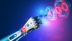 Robot hand touching digital AI