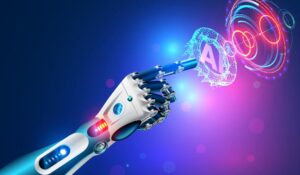Robot hand touching digital AI
