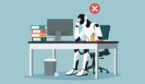Depressed exhausted humanoid AI robot sitting at desk and working, AI failure concept