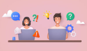 Online support center with person in headset with bubbles and laptop
