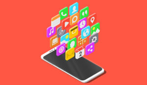 Modern smartphone with cloud of mobile apps over it