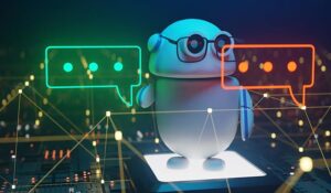 Cute Conversational copilot AI robot with speech bubble,