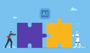 2 puzzle pieces being pushed together by a human and a robot