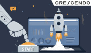 Robot hand presses giant start button with finger. Rocket takeoff from laptop screen