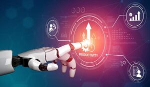 Robot hand touching a screen that says 'productivity' on it