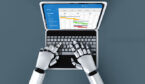 Robot typing on a laptop that has a project management calendar open on it