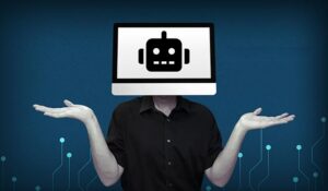 Person shrugging their shoulders with a tv on their head that has a robot on it