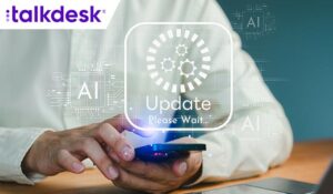 Man holding smartphone during system update with futuristic AI interface, surrounded by digital elements and laptop on desk.