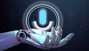 Robot hand holding a circle that has a voice symbol on it