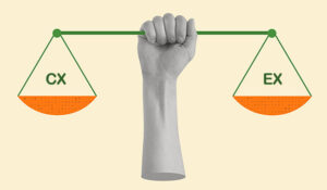 Hand holding balancing scales with the word cx and ex on either side