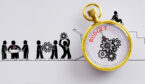 "Budgeting" words on pocket watch with doodles of workers