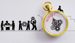 "Budgeting" words on pocket watch with doodles of workers