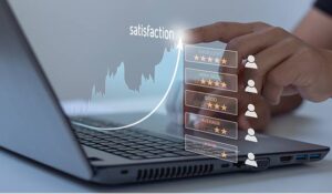 Laptop with a customer satisfaction survey on it