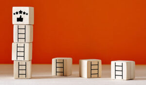 t. Wooden cube with ascending graph icon at the top of the ladder.