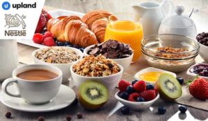 Breakfast served with coffee, orange juice, croissants, cereals and fruits. Balanced diet.