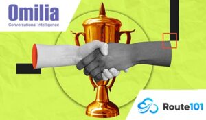 Hand shake with a gold trophy behind