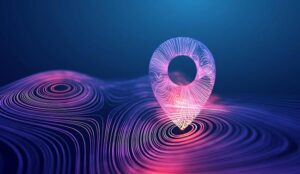 Digital location pin with neon glowing lines on an abstract wavy surface