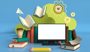 Computer surrounded by books